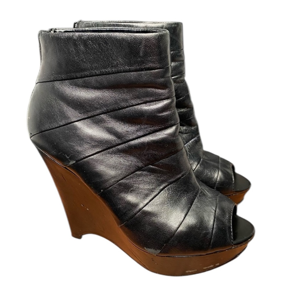 Vtg Aldo Women’s Size 7 Black Open Toe Leather Platform 5” Wedge Zip Ankle Boots